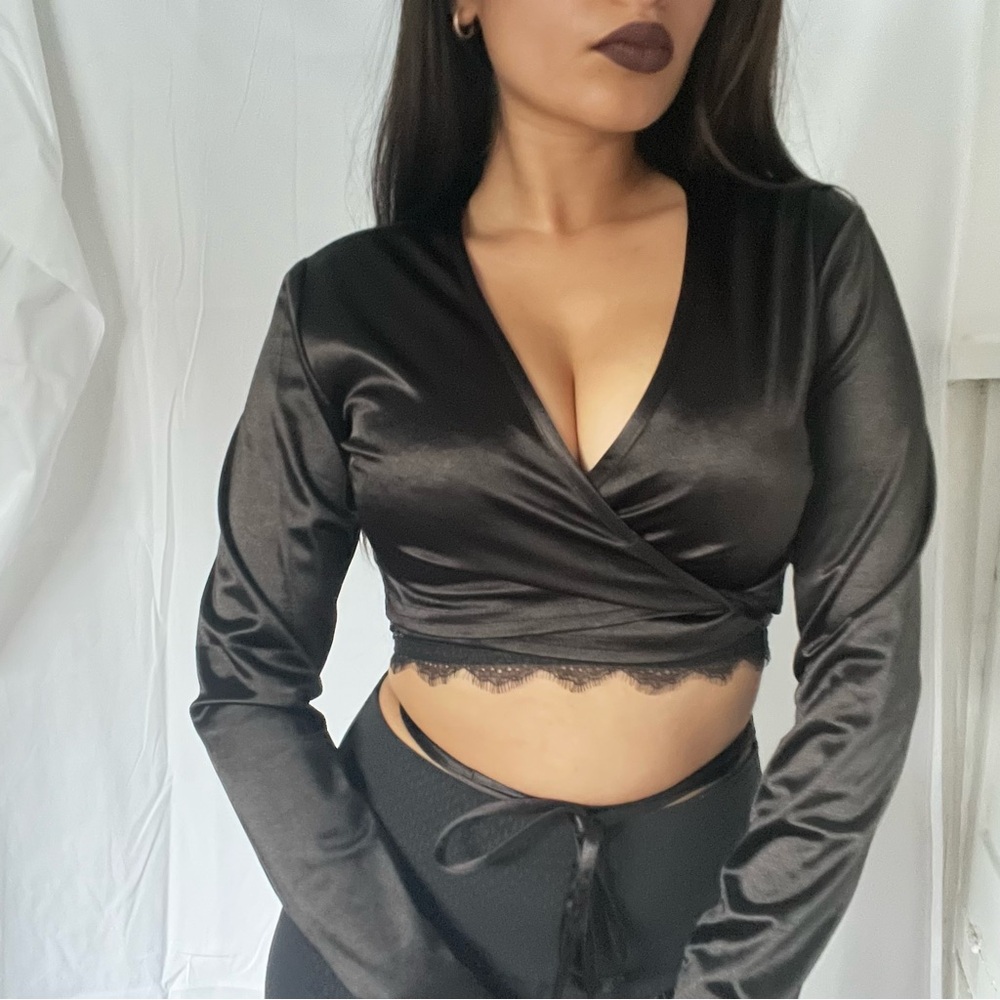 Black Satin Wrap Crop Top